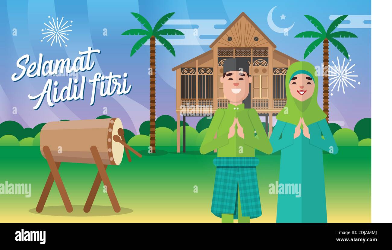 Selamat hari raya aidil fitri greeting card in flat style vector illustration with moslem couple character with traditional malay village house / Kamp Stock Vector