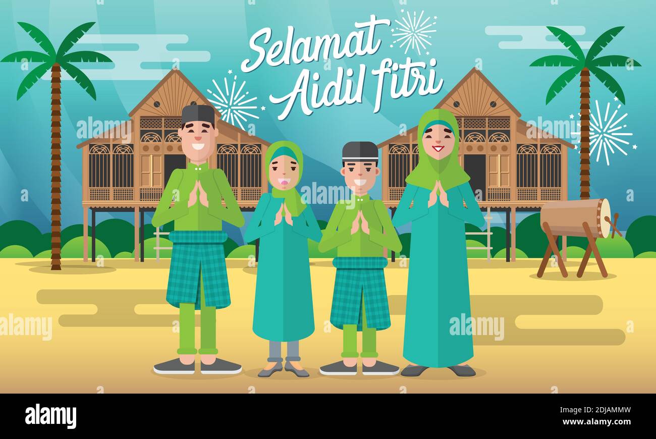 Selamat hari raya aidil fitri greeting card in flat style vector illustration with moslem family character with traditional malay village house / Kamp Stock Vector