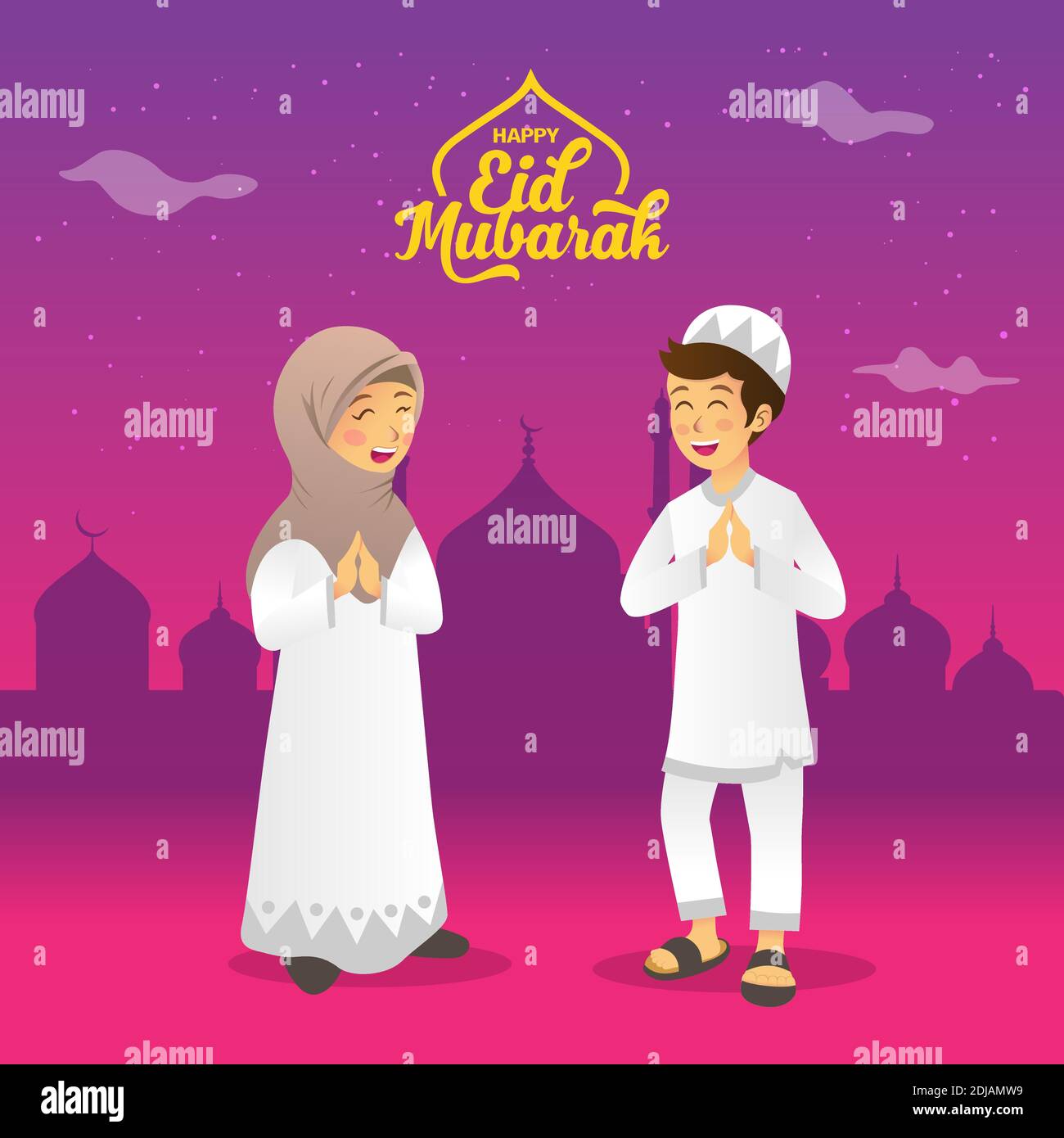 Eid mubarak greeting card. Cartoon muslim kids celebrating Eid al fitr in  the night before Eid Stock Vector Image & Art - Alamy