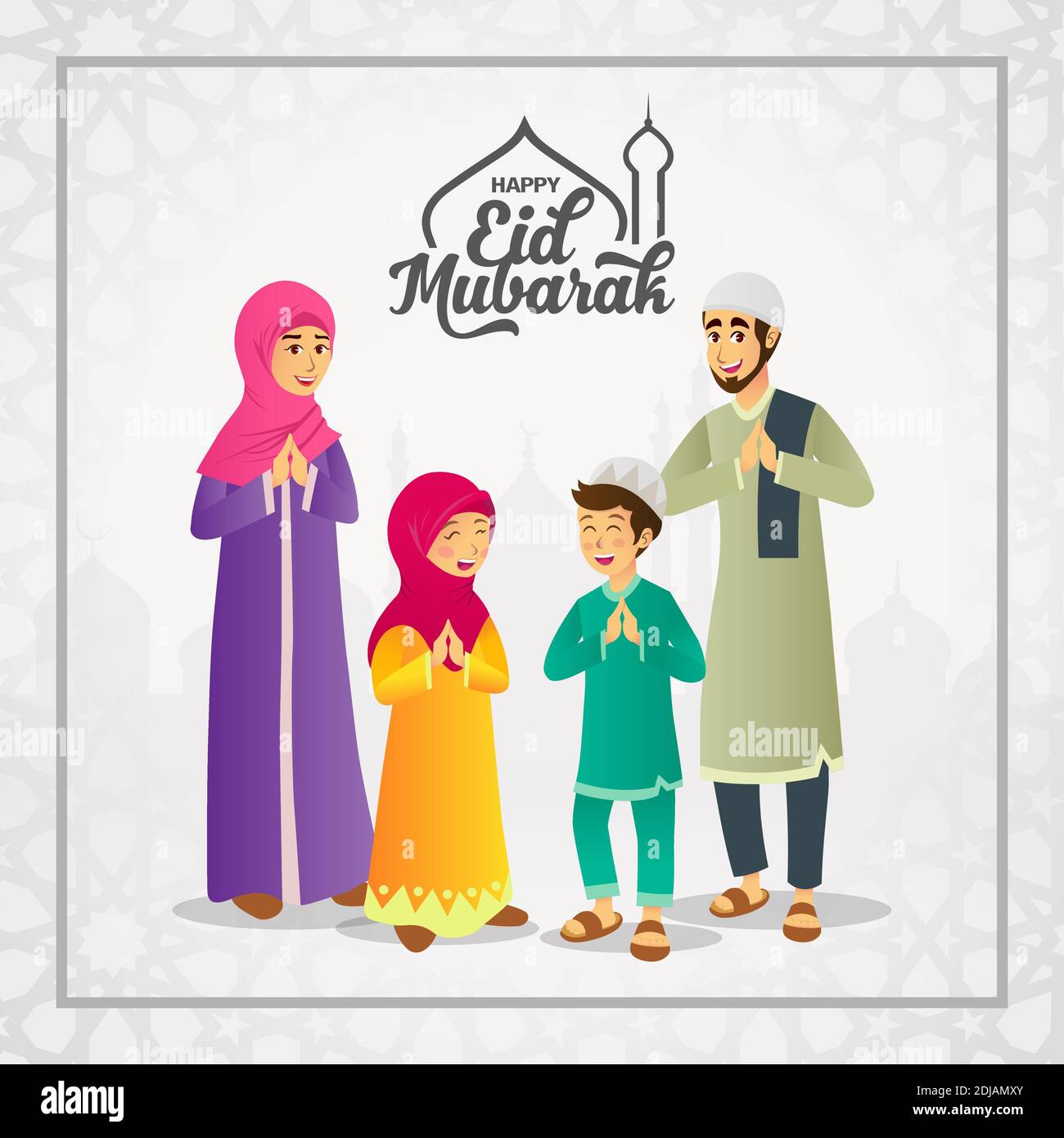 Eid mubarak greeting card. Cartoon muslim family celebrating Eid ...