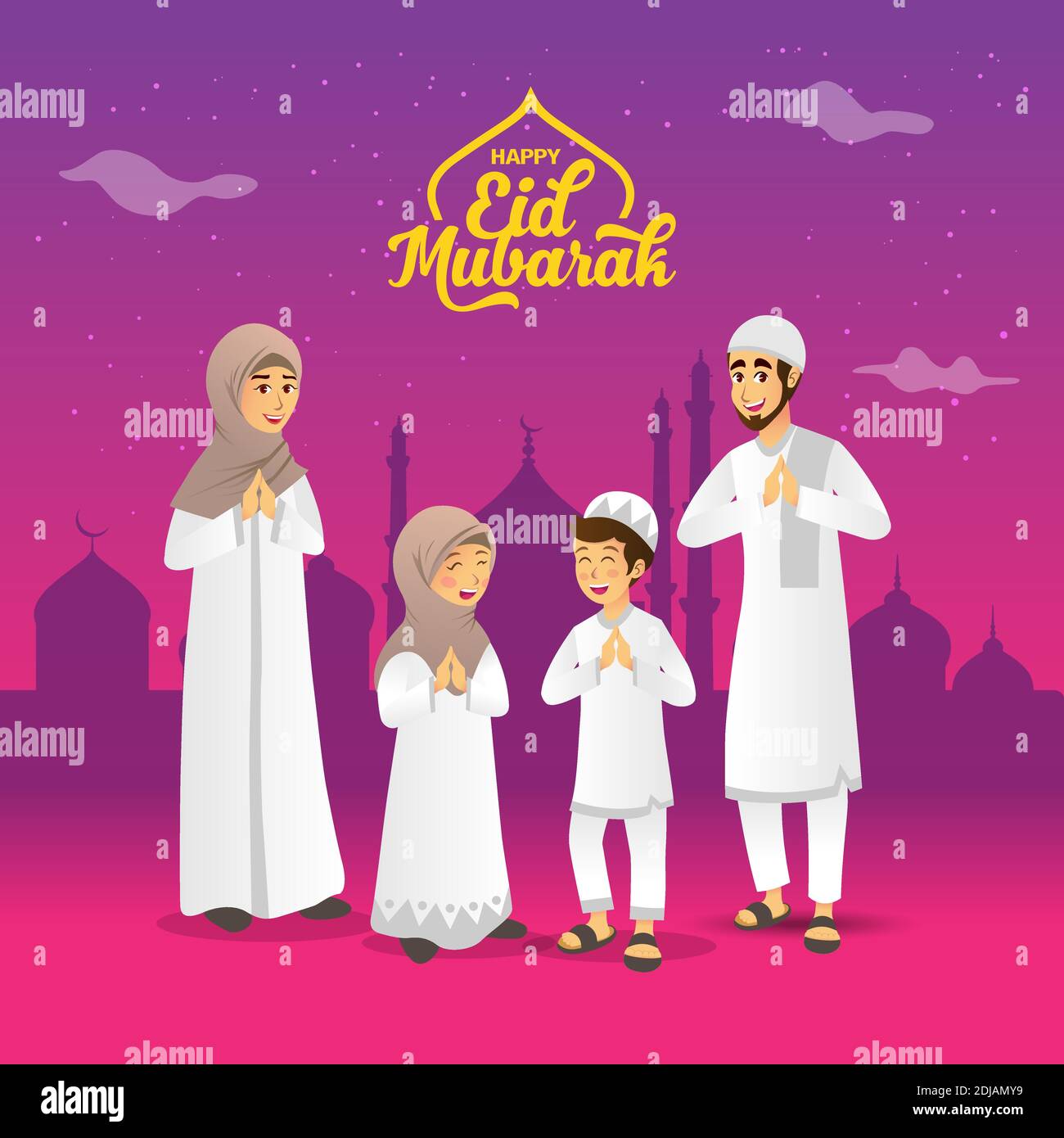 Eid mubarak greeting card. Cartoon muslim family celebrating Eid al fitr in  the night before Eid Stock Vector Image & Art - Alamy