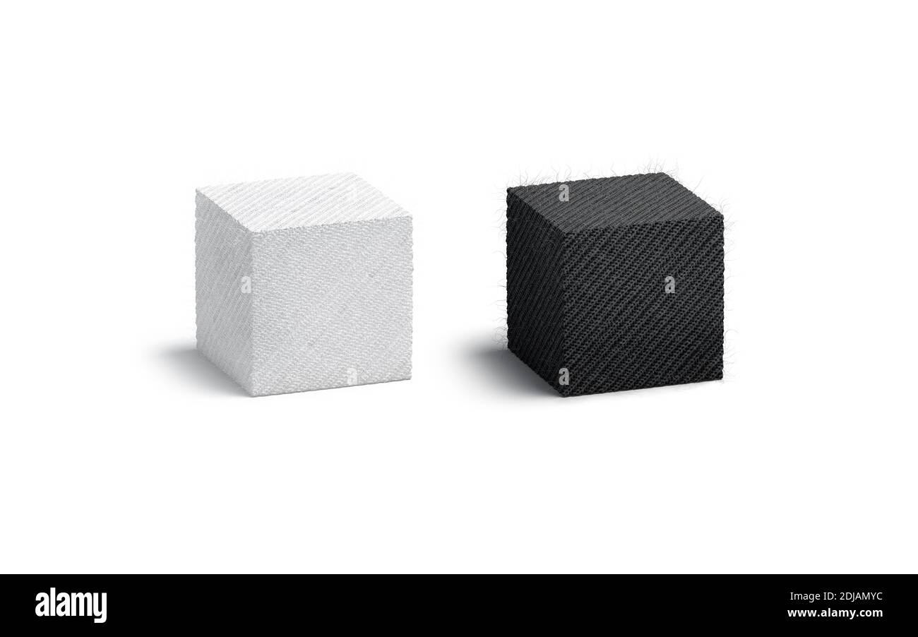 Blank knitted black and white cube mockup set, 3d rendering. Empty cloth or cotton geometric cuboid mock up, isolated. Clear soft woolen or thread squ Stock Photo