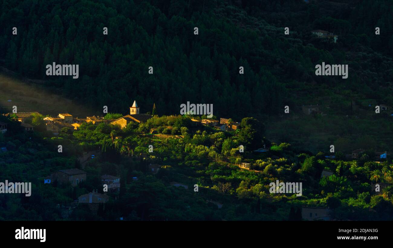 View of the small mountain village at sunrise Stock Photo