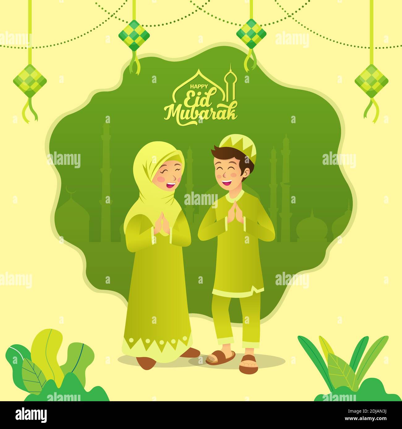 Eid mubarak greeting card. Cartoon muslim kids celebrating Eid al fitr on  green background Stock Vector Image & Art - Alamy