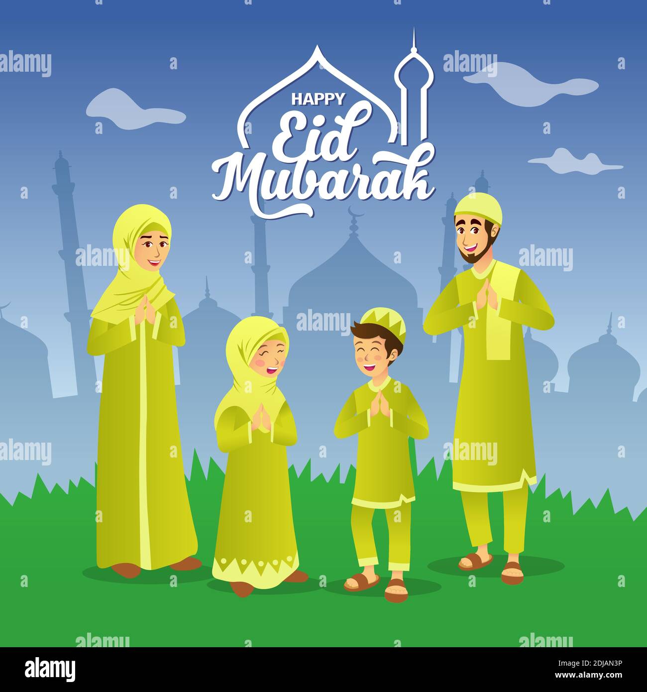 Eid mubarak greeting card. Cartoon muslim family celebrating Eid al fitr  with mosque as background. vector illustration Stock Vector Image & Art -  Alamy