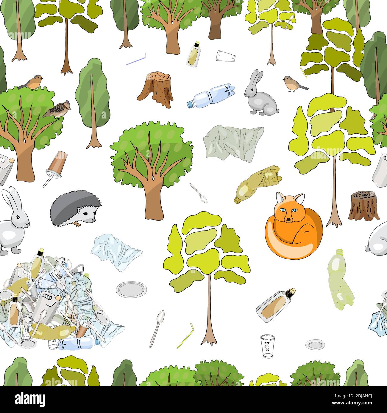 Seamless pattern. Pollution of the environment. Garbage and waste in forests, in wildlife. Different types of garbage. Vector hand draw collection. Stock Vector