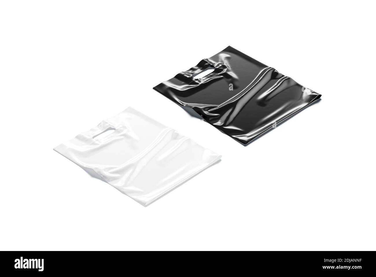blank black and white die cut plastic bag handle hole mockup 3d rendering empty polythene rectangle package mock up side view isolated clear wrap 2DJANNF