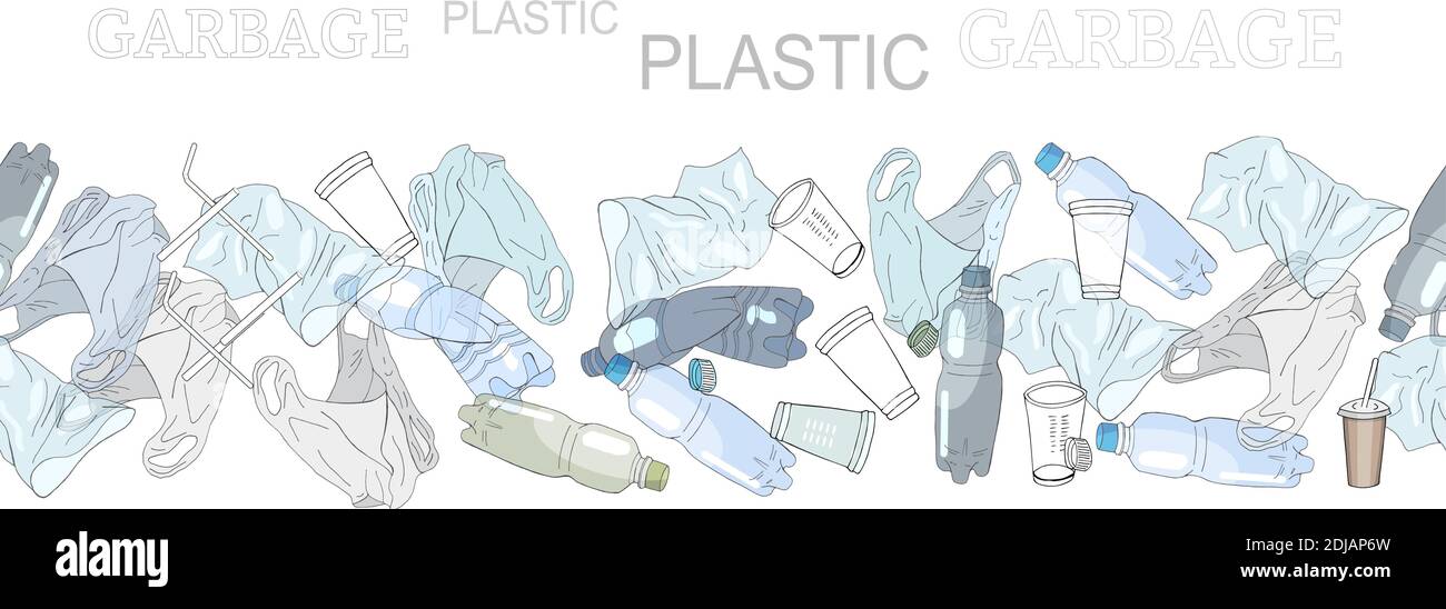 Different kinds of plastic garbage. Seamless pattern brush. The concept of ecology and the World Cleanup Day. Stock Vector