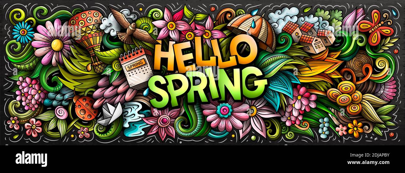 Spring Fun Graphics Hello Spring hand drawn cartoon doodles illustration. Seasonal funny ...