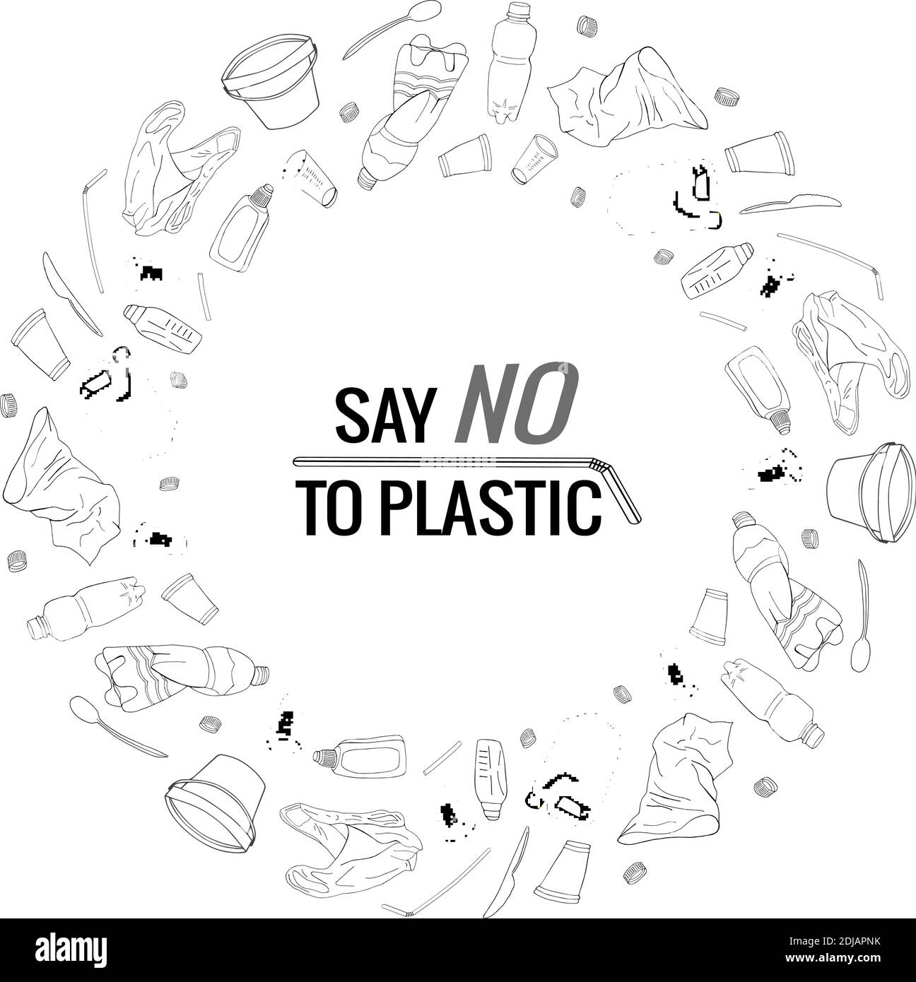 Say no to plastic text and plastic package line icons sign around circle vector design - Vector. Environmental disaster of plastic debris in the city. Stock Vector