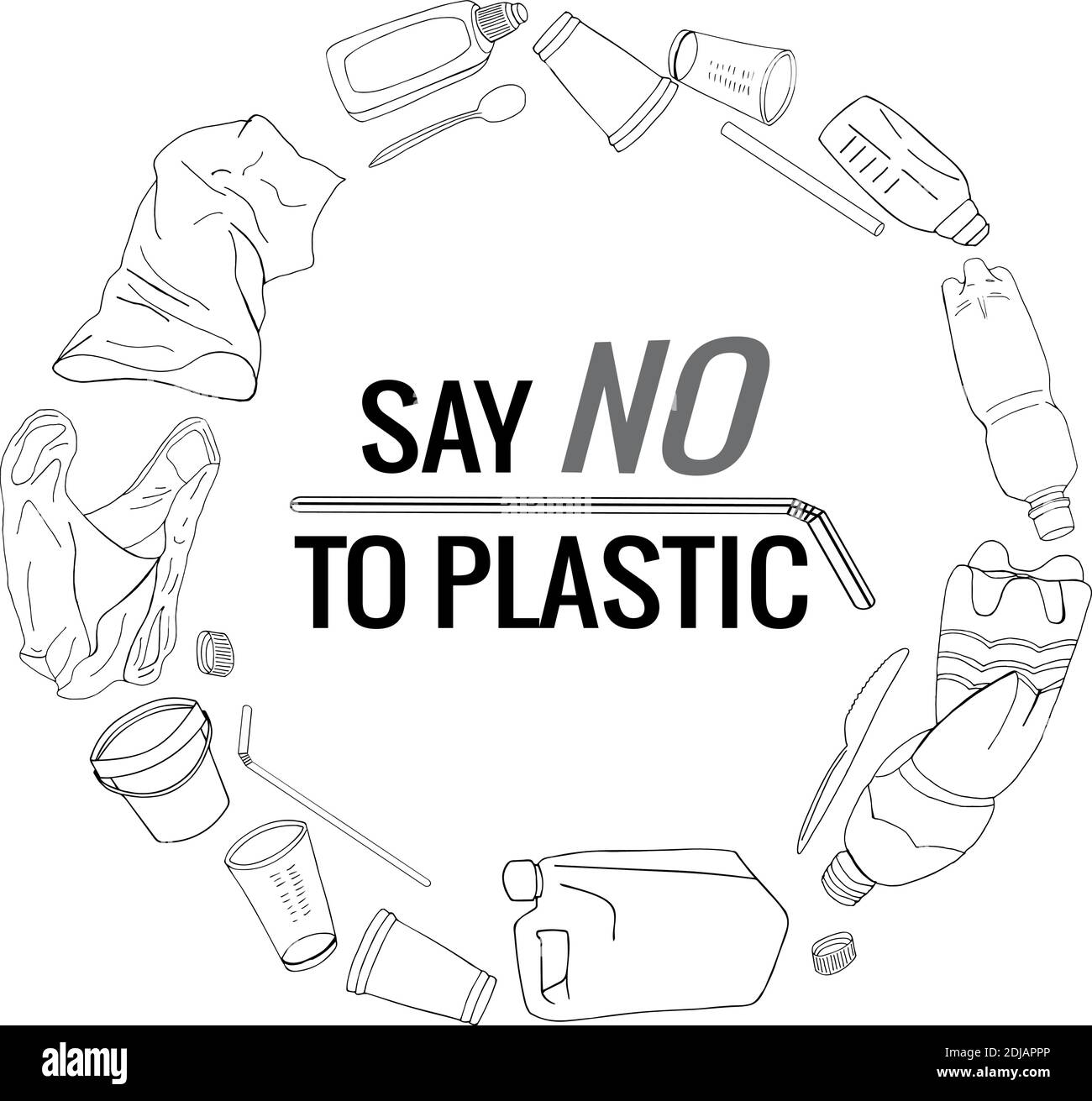 Say no to plastic text and package line icons sign around circle vector hand drawn design. The problem of cleaning and separation of garbage. The conc Stock Vector