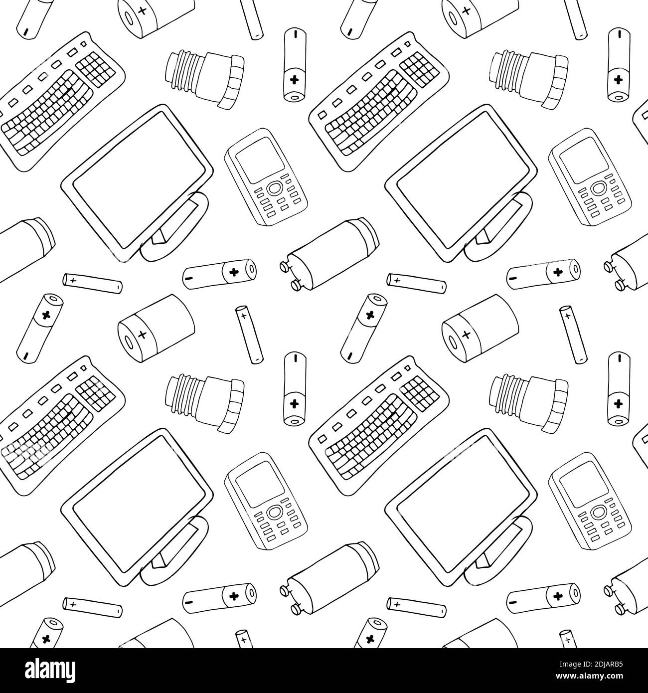 Outline seamless pattern with sorted e-wast garbage isolated on white ...