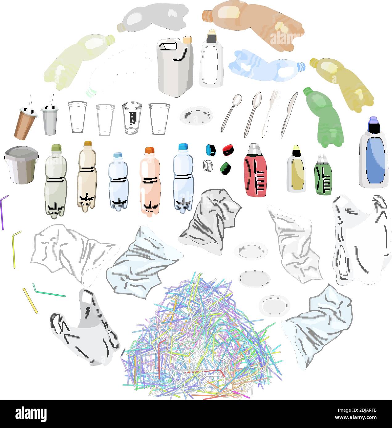 Big waste Set Of Transparent Empty Packaging. Plastic Trash. Vector