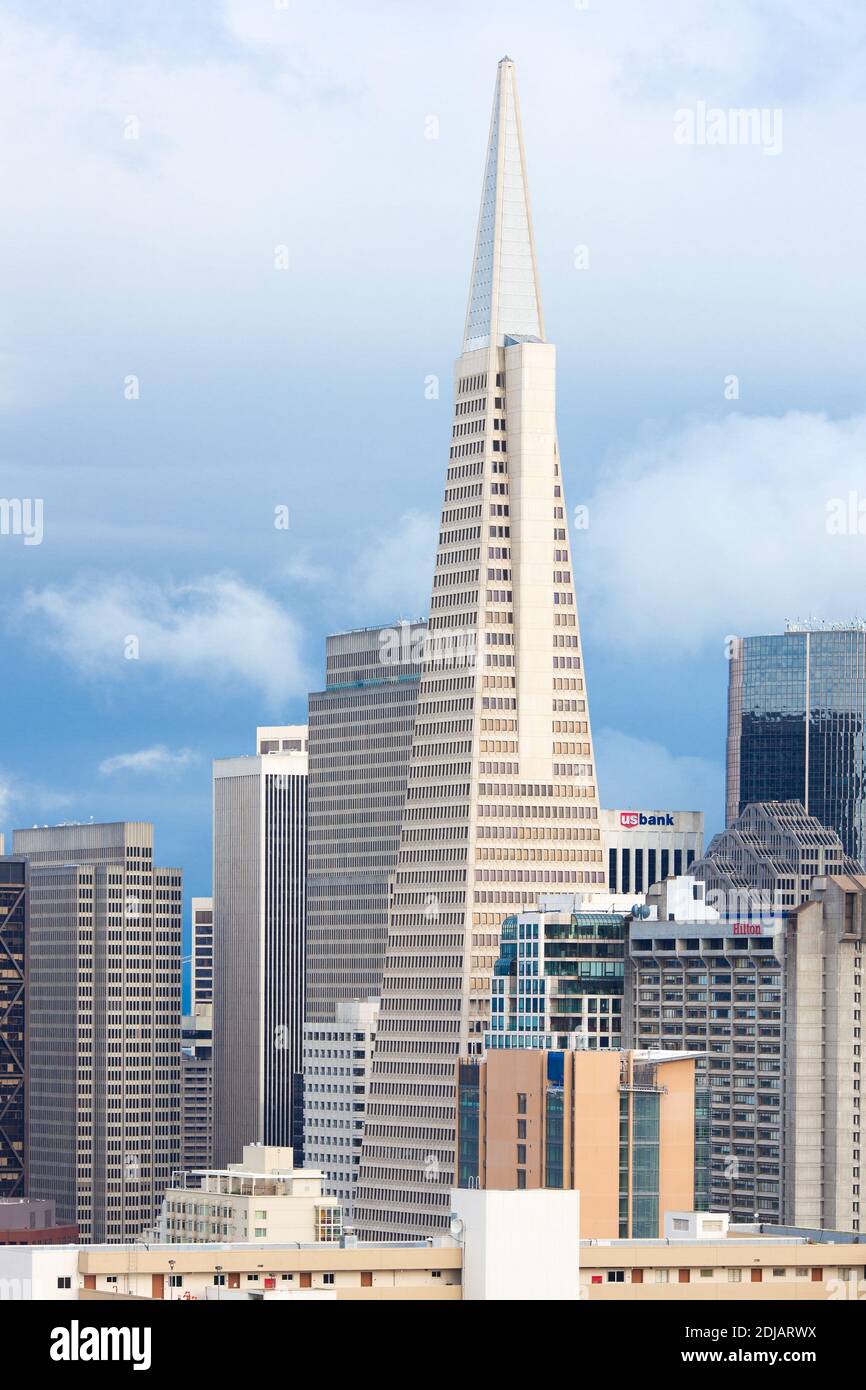 San Francisco, California, United States - Skyline of Financial District and North Beach neighborhood with Transamerica Pyramid. Stock Photo