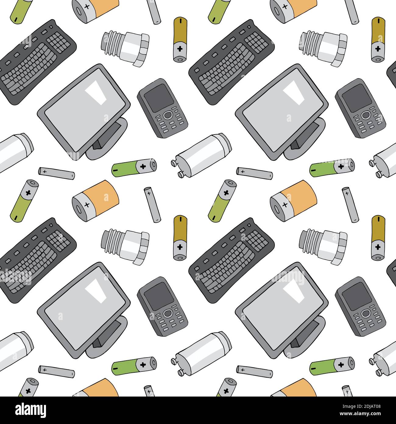 Seamless pattern with sorted e-waste garbage isolated on white background. Part 1 of separate debris collection. Vector hand drawn set of trash. Conce Stock Vector