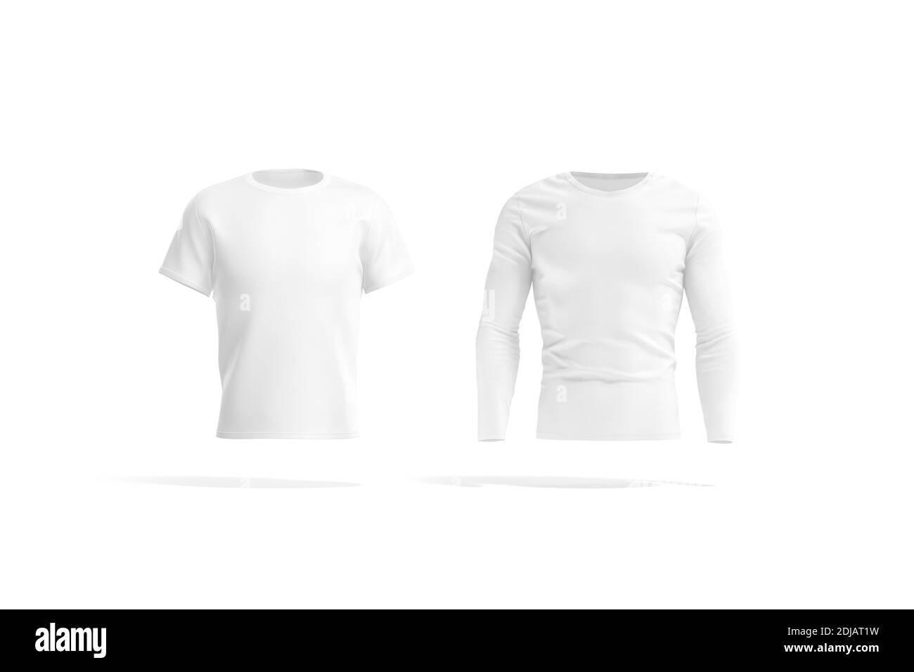 Blank white t-shirt and longsleeve mockup, front view, 3d rendering. Empty classic tshirt and jersey with long sleeve mock up, isolated. Clear man fit Stock Photo
