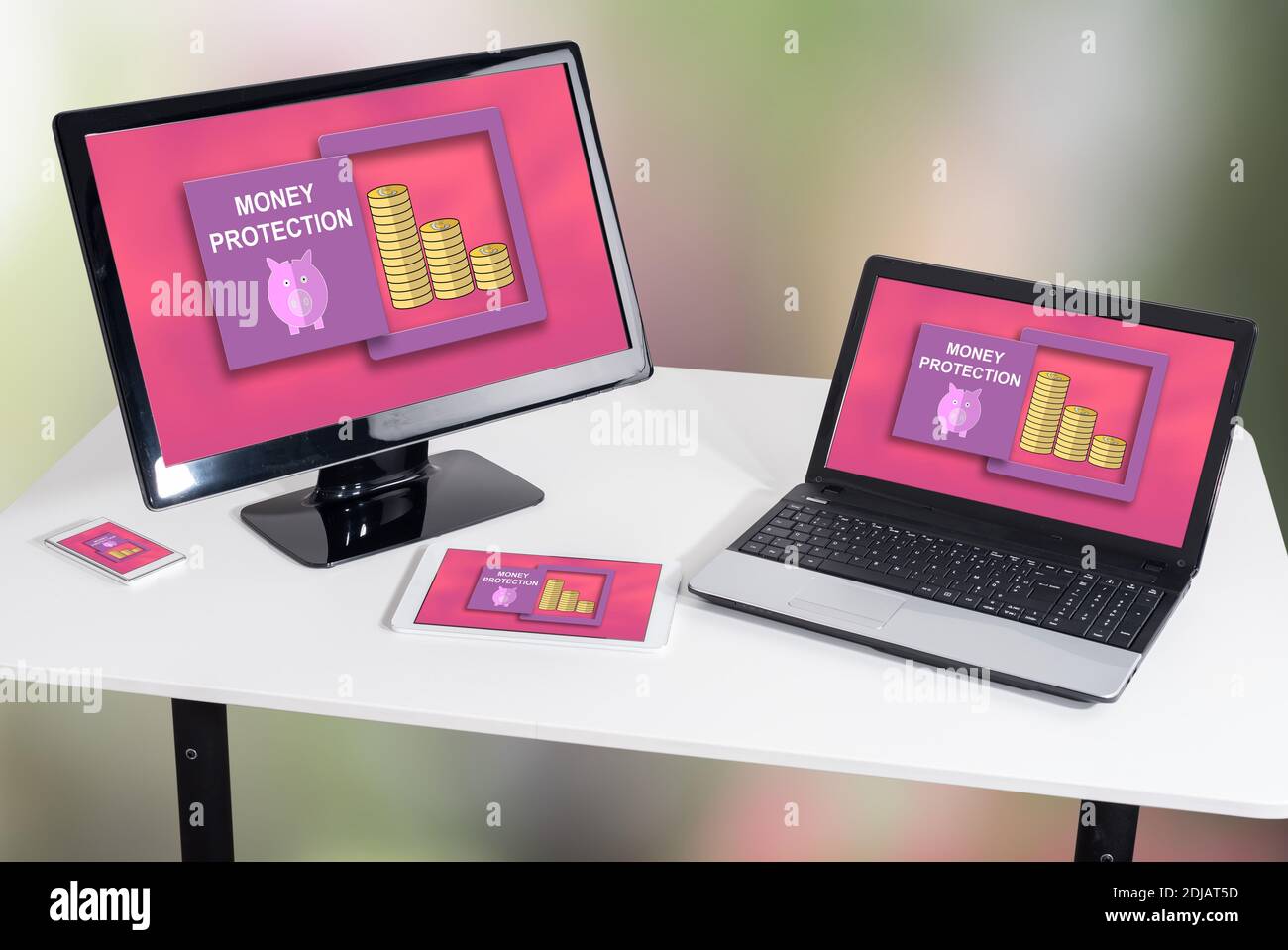Money protection concept shown on different information technology devices Stock Photo