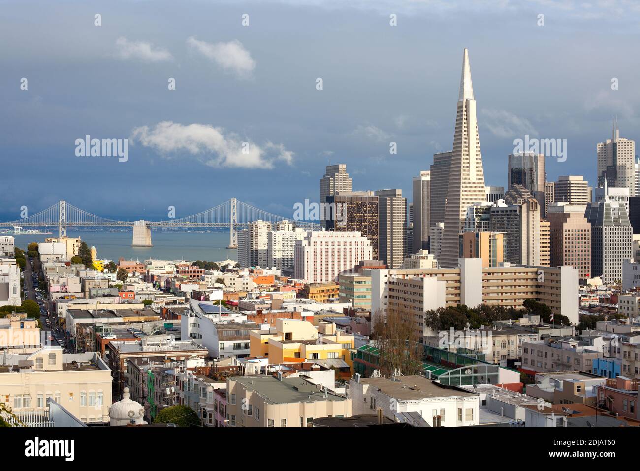 Cityscape of Financial District and san francisco-oakland bay bridgee, San Francisco, California, United States Stock Photo