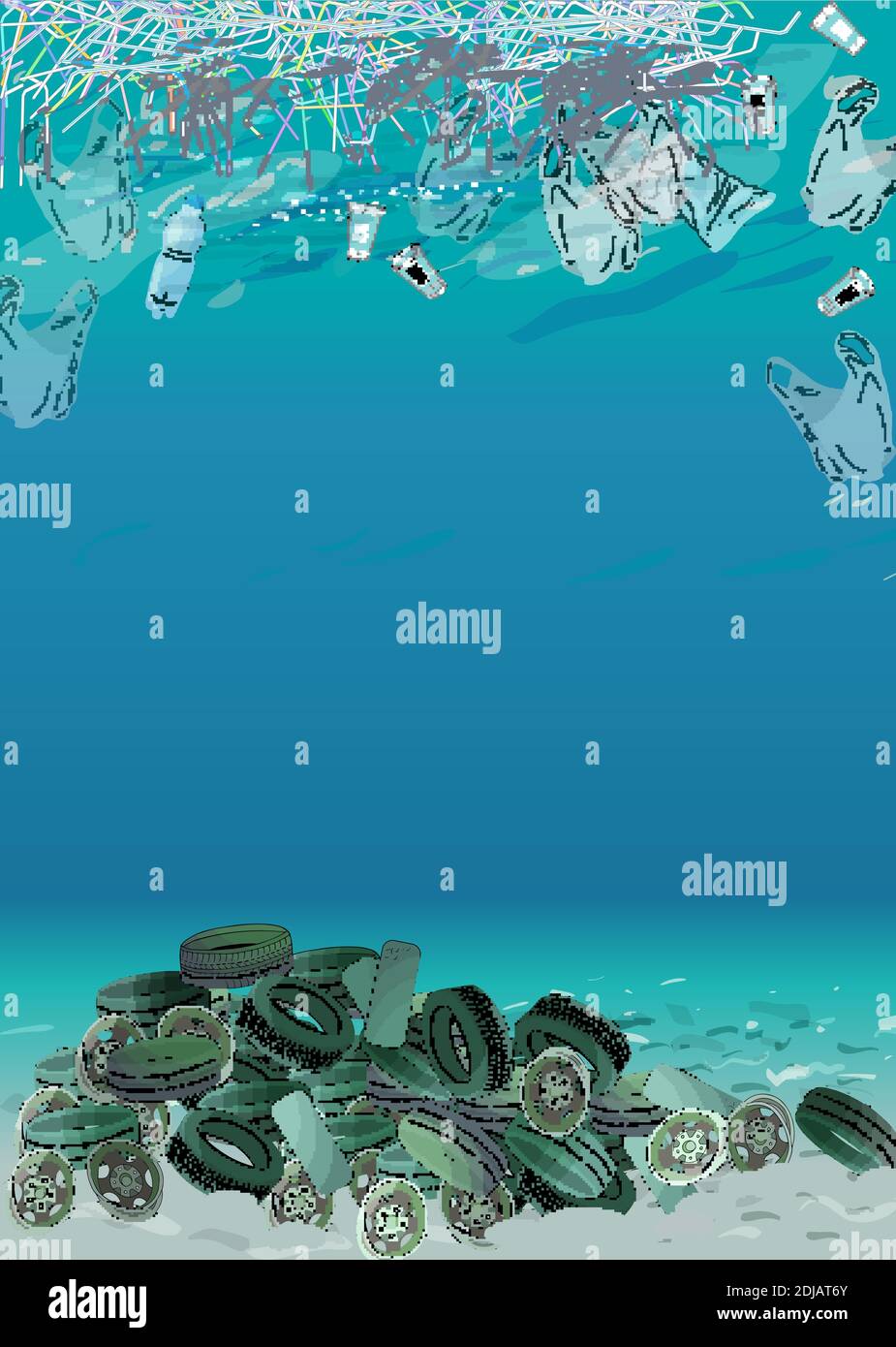 https://c8.alamy.com/comp/2DJAT6Y/template-with-different-kinds-of-garbage-bags-wastes-plastic-straws-and-plastic-utensils-in-the-ocean-or-sea-the-concept-of-ecology-and-world-clea-2DJAT6Y.jpg