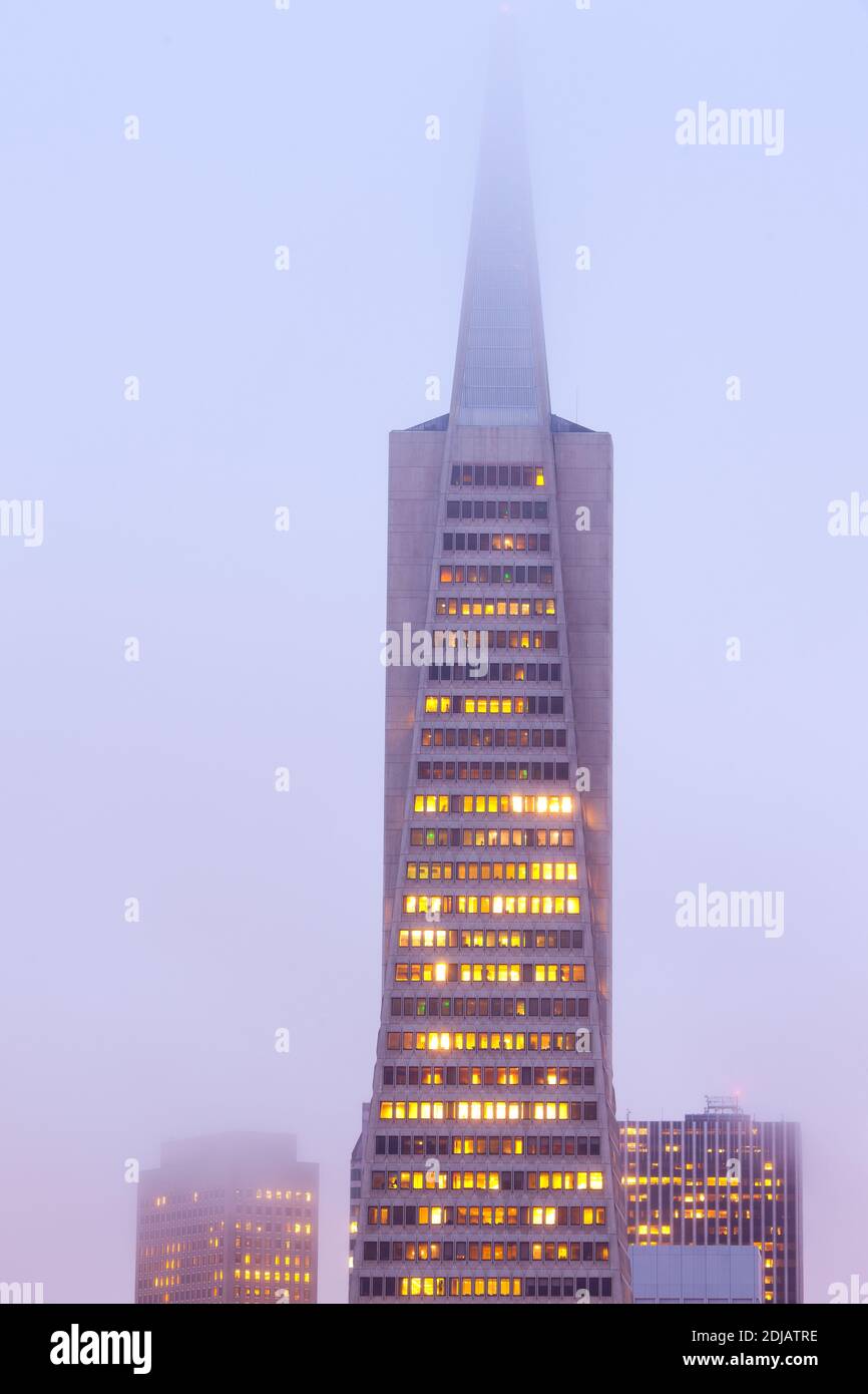 San Francisco, California, United States - Close-up to Transamerica Pyramid buildong in the fog at dawn. Stock Photo