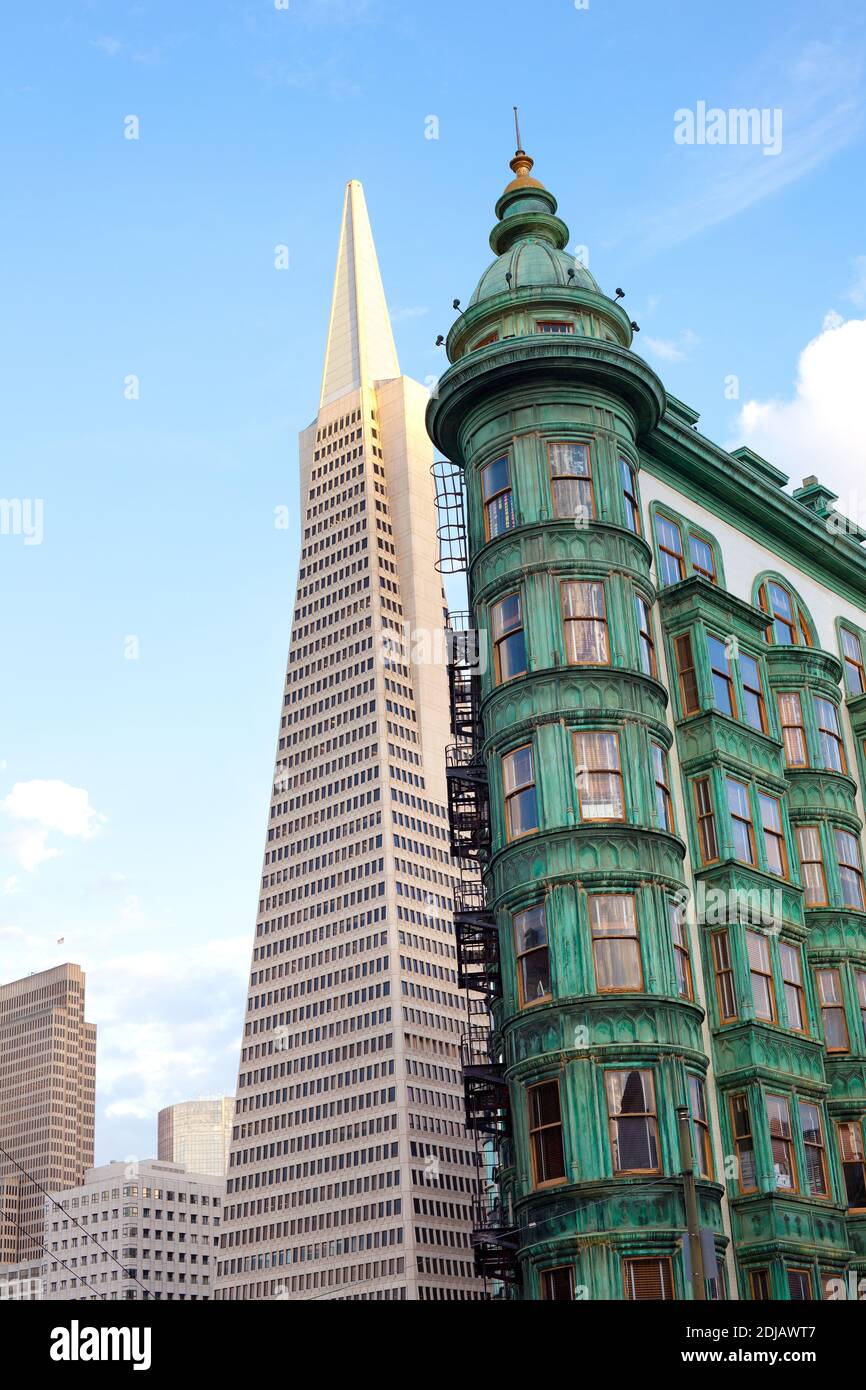 San Francisco, California, United States - Columbus Tower and Transamerica Pyramid at Columbus Avenue. Stock Photo