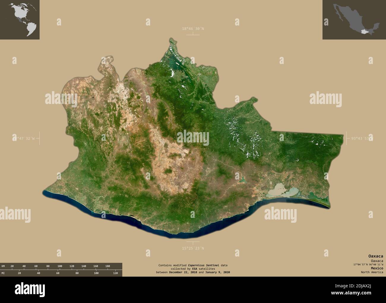 Oaxaca, state of Mexico. Sentinel-2 satellite imagery. Shape isolated on solid background with informative overlays. Contains modified Copernicus Sent Stock Photo