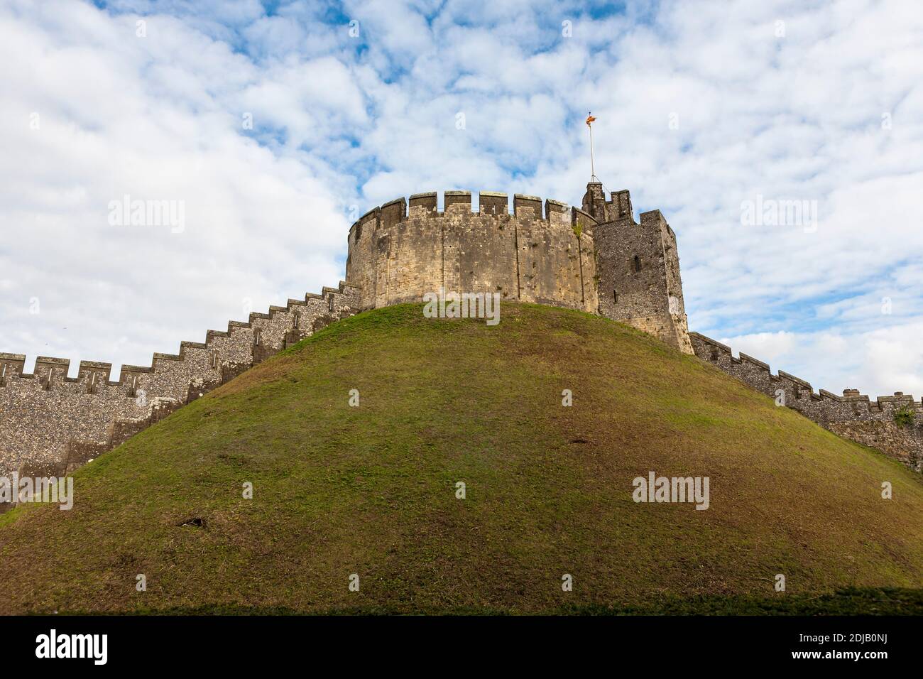 The original Norman 20 metre-high motte, surmounted by the 12th century shell keep, Arundel Castle, West Sussex, England, UK Stock Photo
