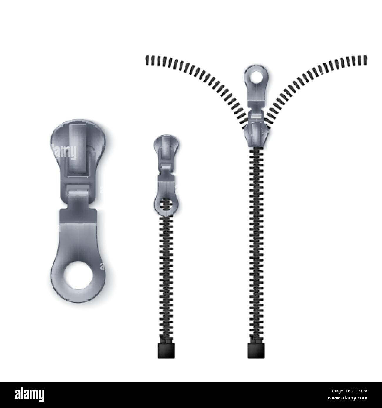 Zipper. Closed and open zip set. Vector illustration isolated on white background Stock Vector