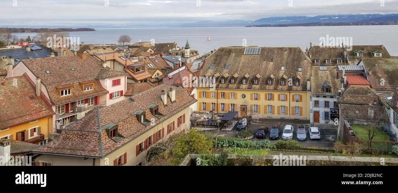 Aerial view of Nyon and Geneva Leman lake, Switzerland Stock Photo