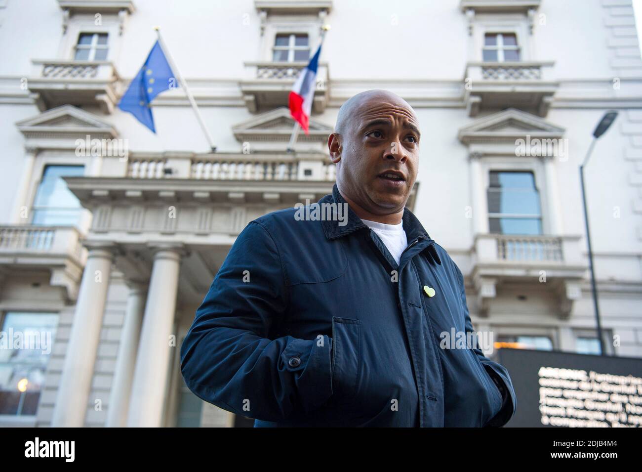 Grenfell United vice chair Karim Mussilhy after delivering a message to the French embassy in London urging them to demand witnesses for cladding firm Arconic residing in France to come to give evidence to the ongoing Grenfell Tower inquiry. Stock Photo