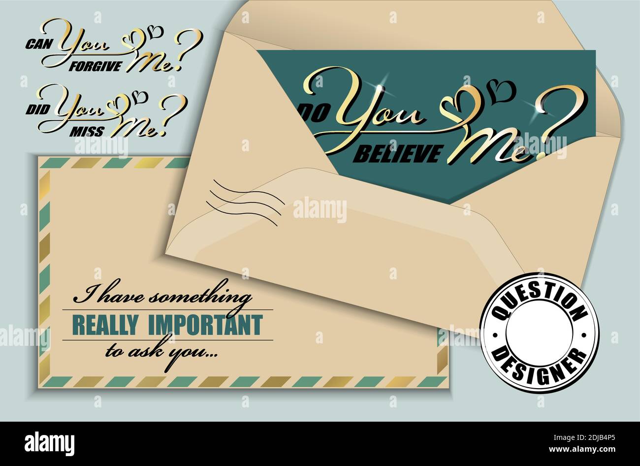 Download Hand Drawn Calligraphy Lettering With Copy Space Card And Vintage Envelope Vector Mockup Constructor Of Questions Do You Believe Me Can You Forgive Stock Vector Image Art Alamy