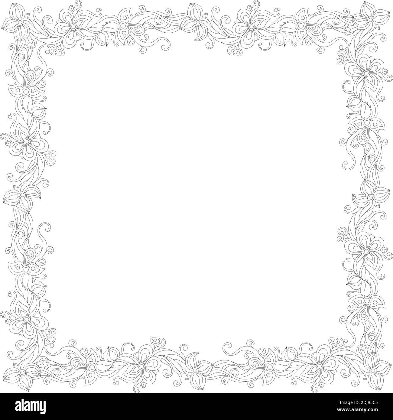 black and white square floral frame on a white background. Stock Vector