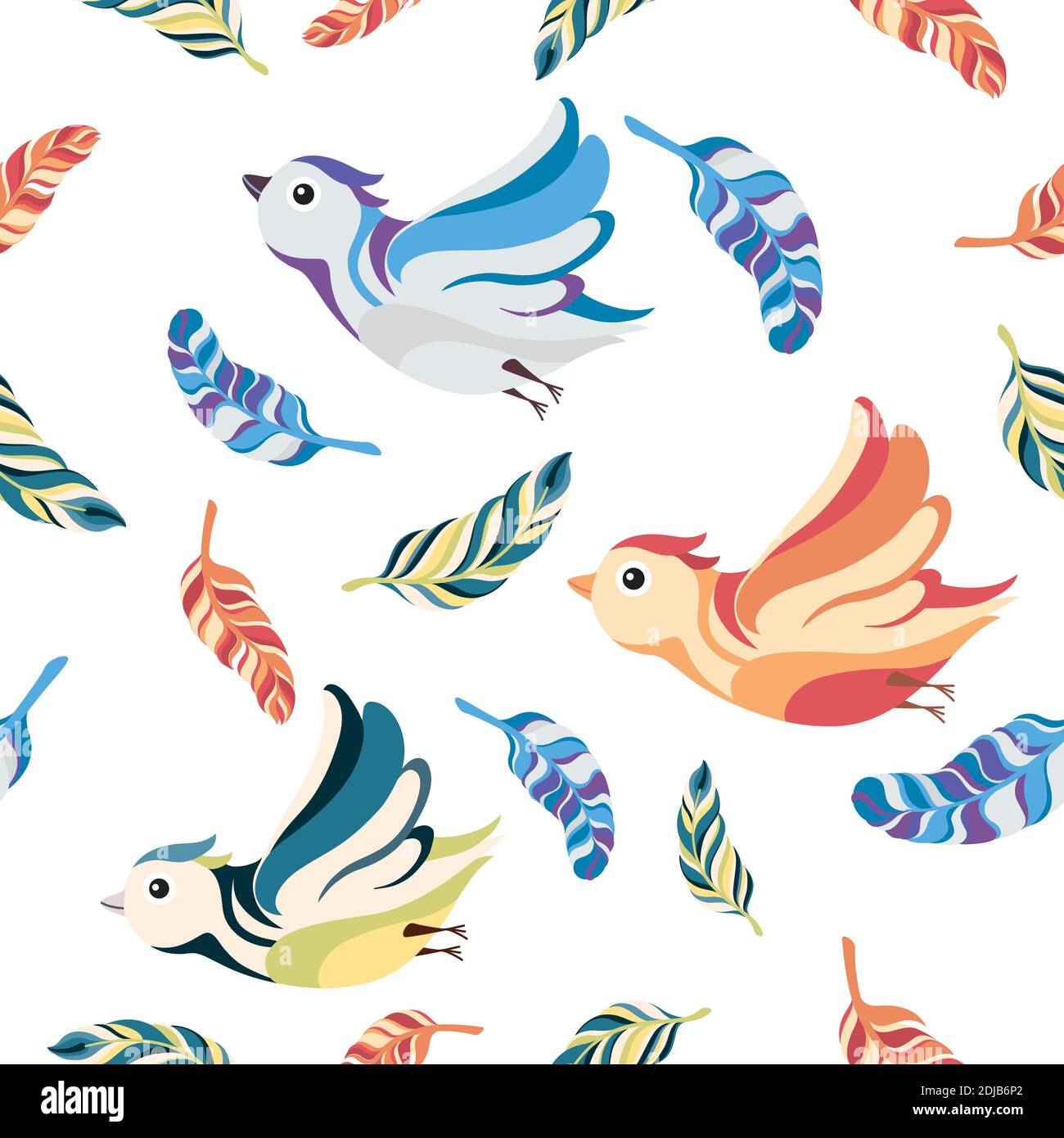 seamless pattern birds and feathers on white background. Stock Vector