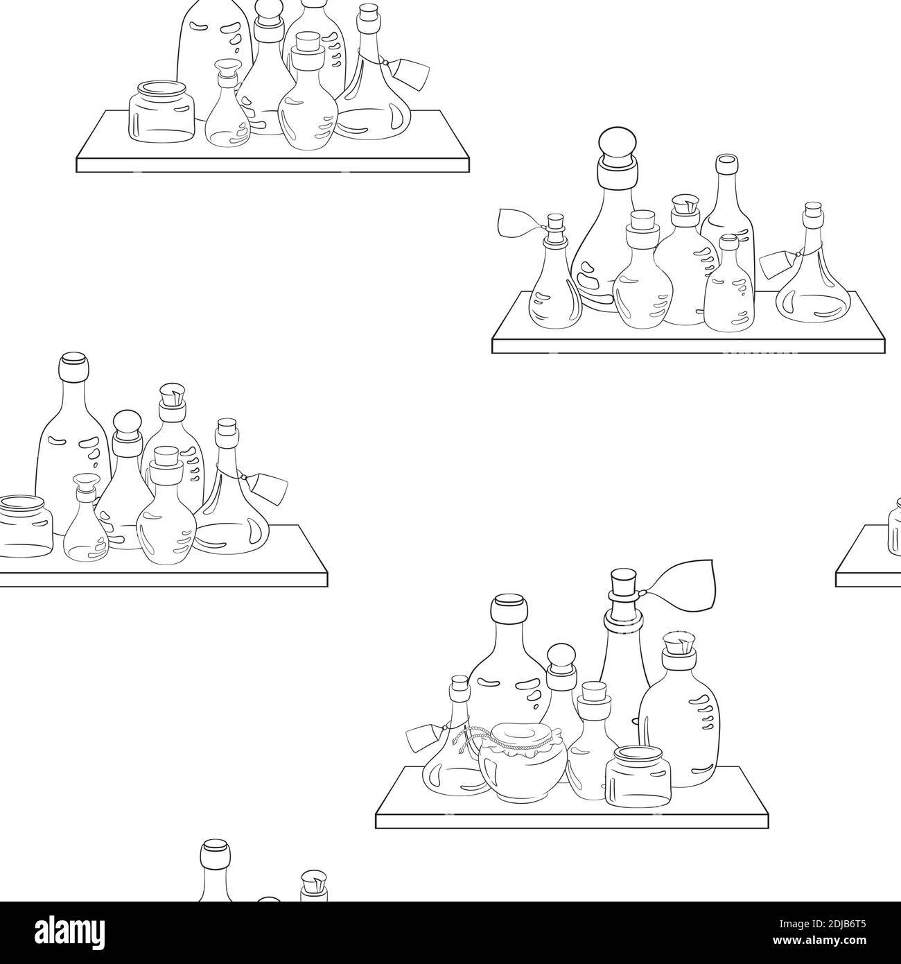 seamless pattern glass jars on the shelf on white background. Stock Vector