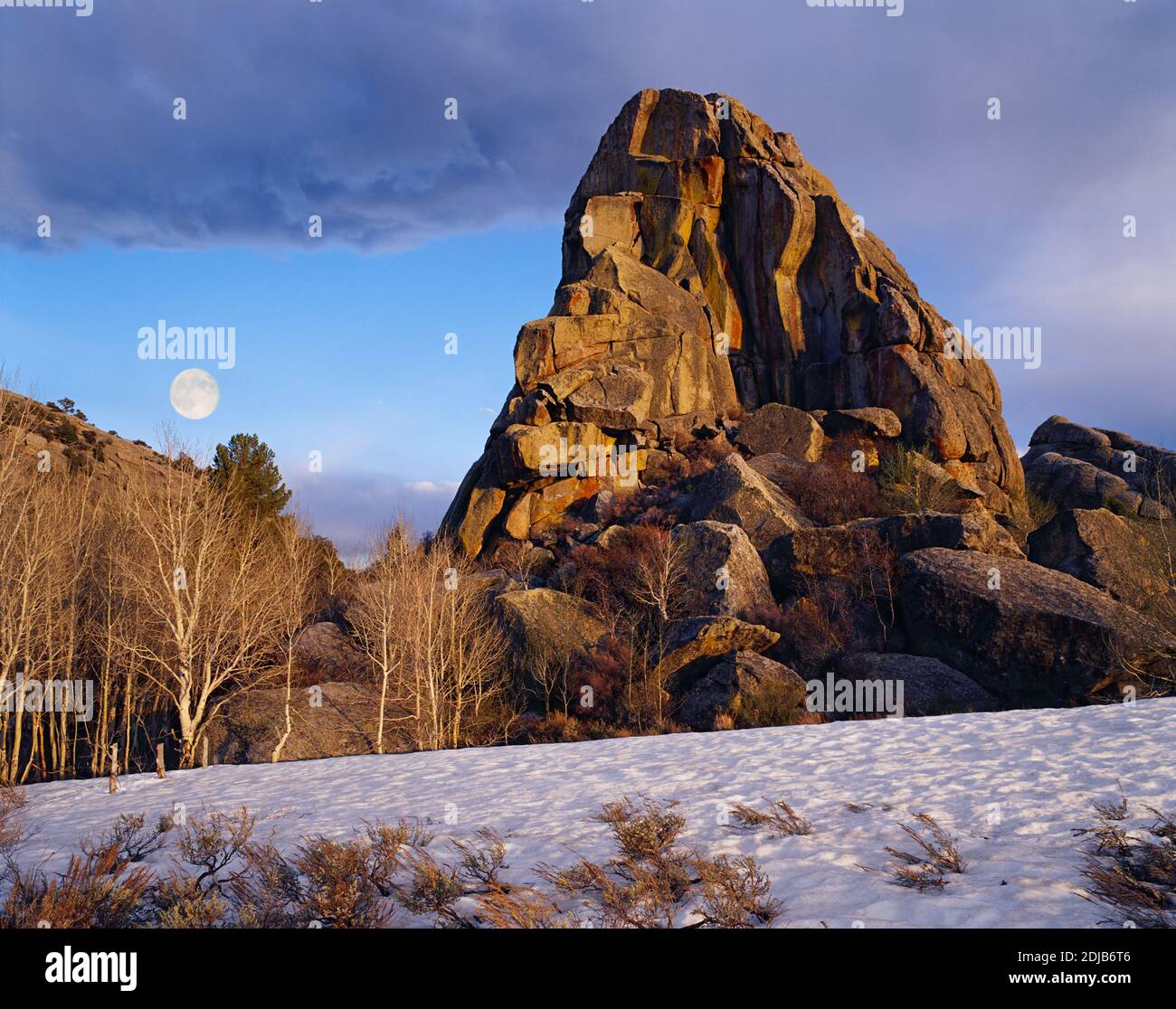 Moonrise at Emery Pass in Idaho's City of Rocks National Reserve, USA Stock Photo