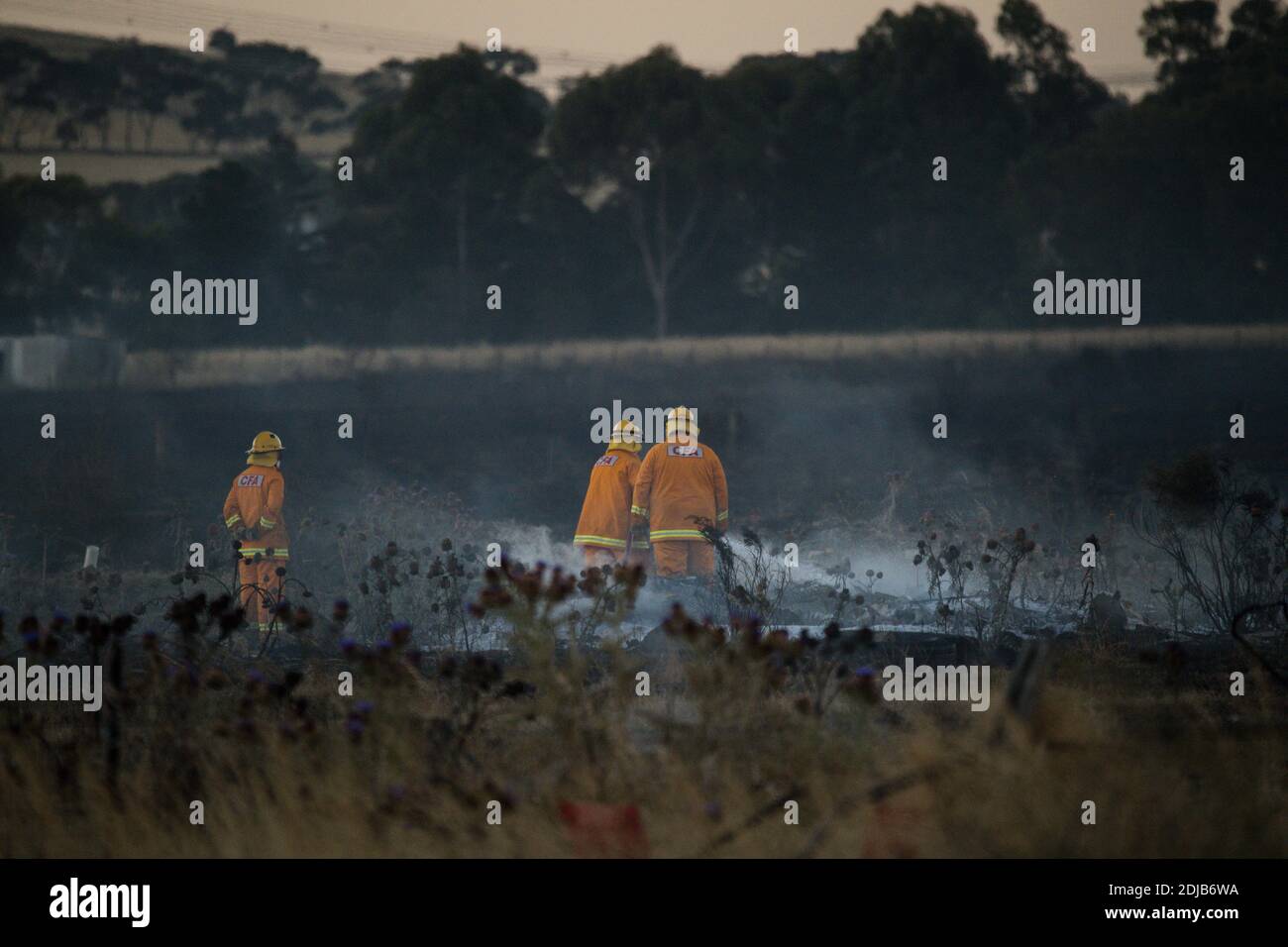 Melbourne, Australia 14 Dec 2020, A County Fire Authority fire crew works to black out the last flames of a major grass fire. Fire Services used aircraft and fire crews to control a 110 hectare grass fire on Melbourne's outer west that destroy several sheds and cars. Stock Photo