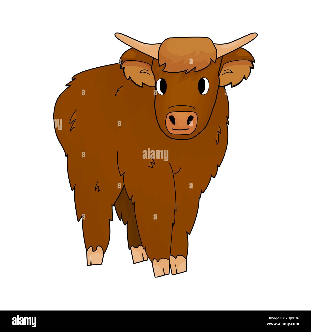 Cute Cartoon isolated small Bull highland brown cow is standing on the ground on white background Stock Vector