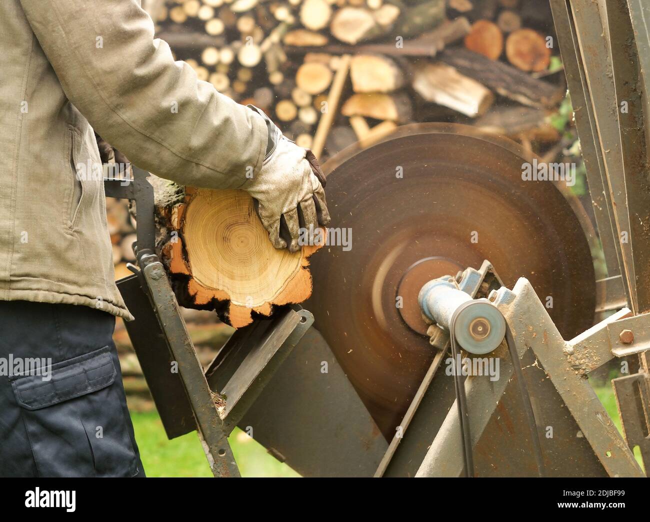 With circular saw and log pile hi-res 