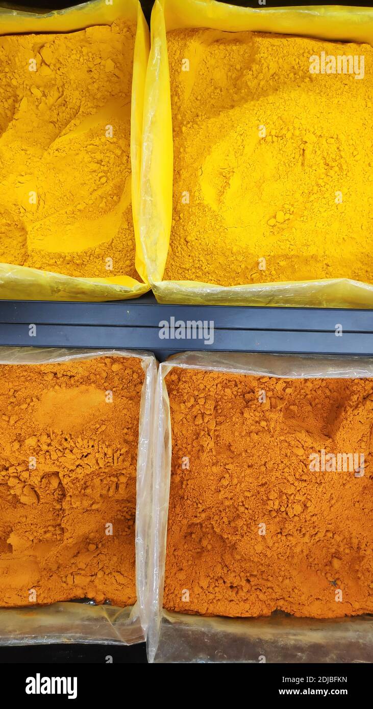 Various type of curry powders on market for sell Stock Photo