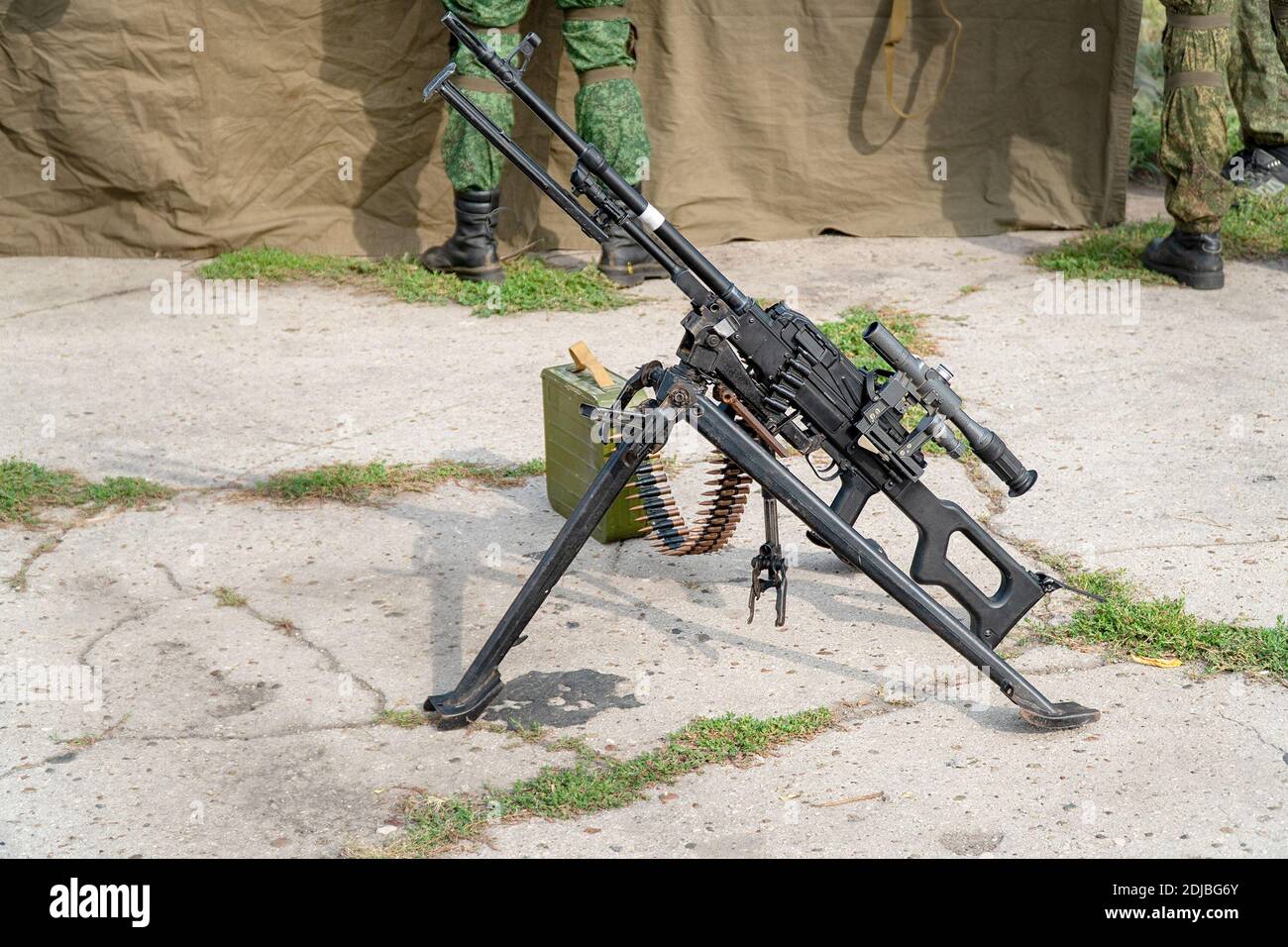 A light machine gun on bipod with telescopic sights. Russian weapon ...