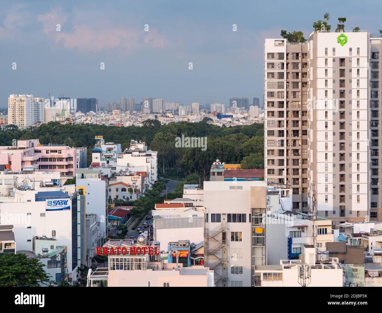 View of Phu Nhuan District in Ho Chi Minh City, Vietnam with Cong Vien Gia Dinh Park in the centre of the photo. Stock Photo