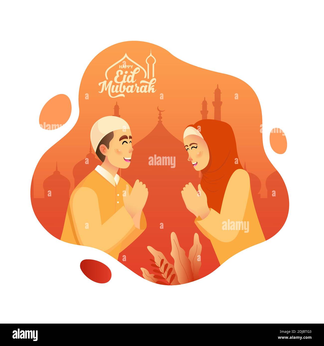 Eid mubarak greeting card. muslim couple blessing Eid mubarak isolated