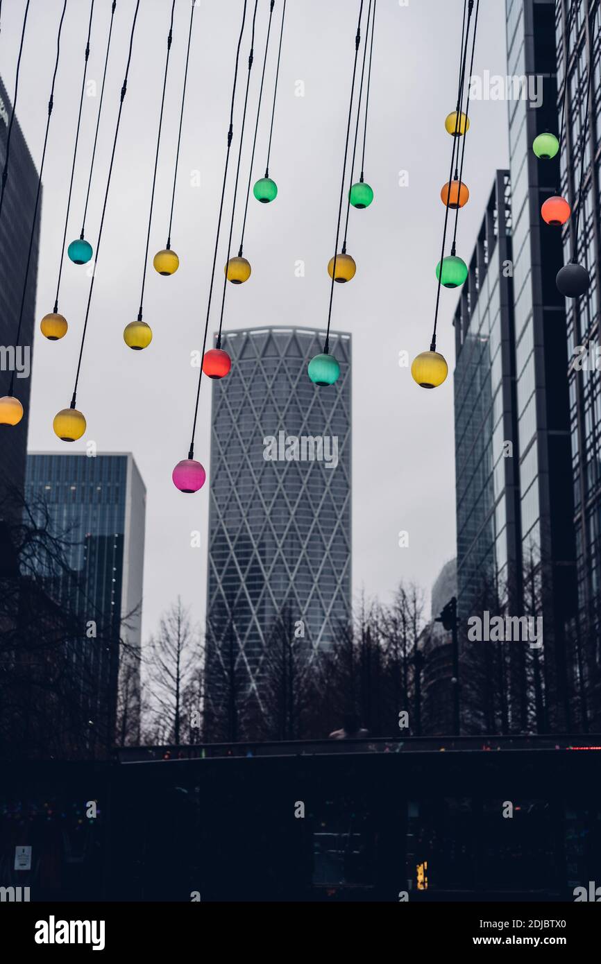 London, uk, December 2020 : Murmuration by Squidsoup, Connected by Light Festival 2020. Interactive art installations at Canary Wharf Stock Photo