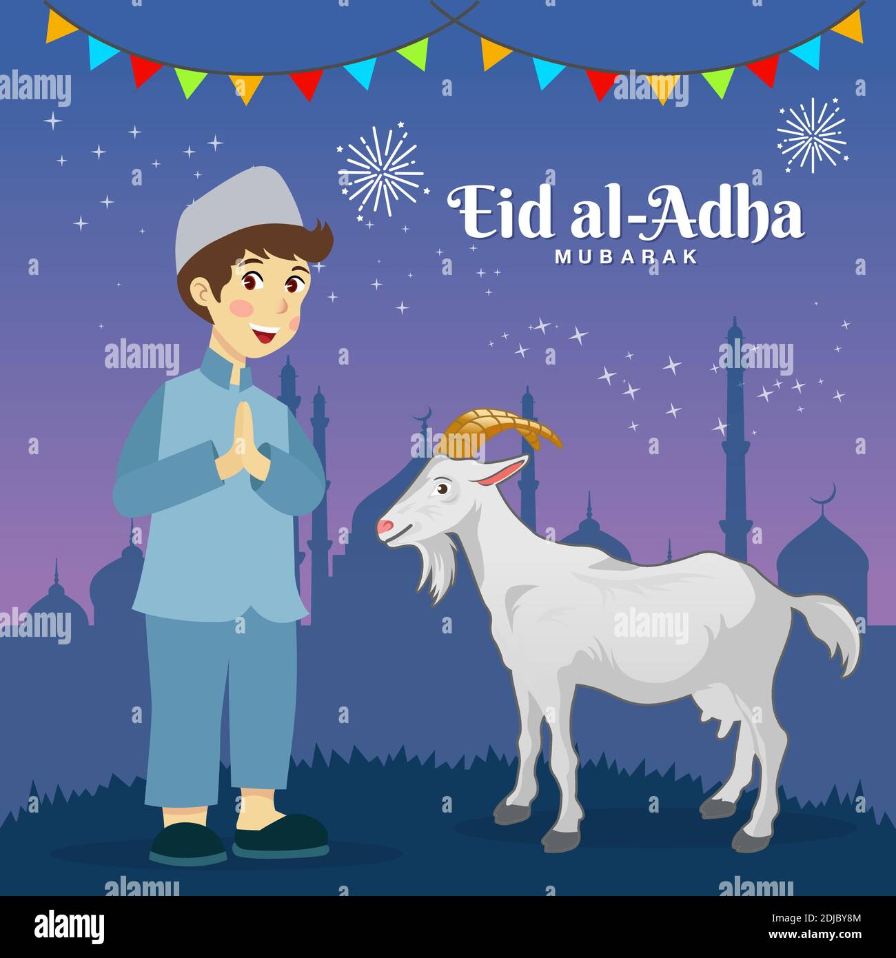 Eid al Adha greeting card. Cute cartoon muslim boy celebrating Eid ...