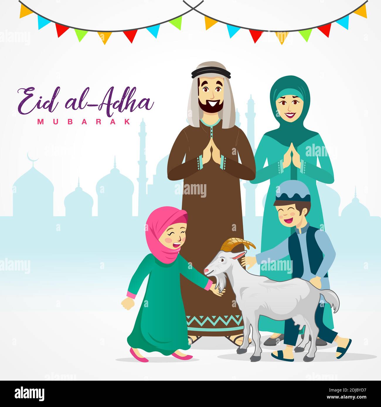 Eid al Adha greeting card. cartoon arab family celebrating Eid al ...