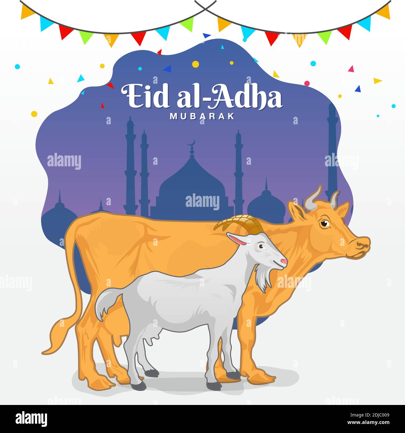 Eid al Adha greeting card (sacrificial feast). cartoon goat and cow with mosque as background Stock Vector