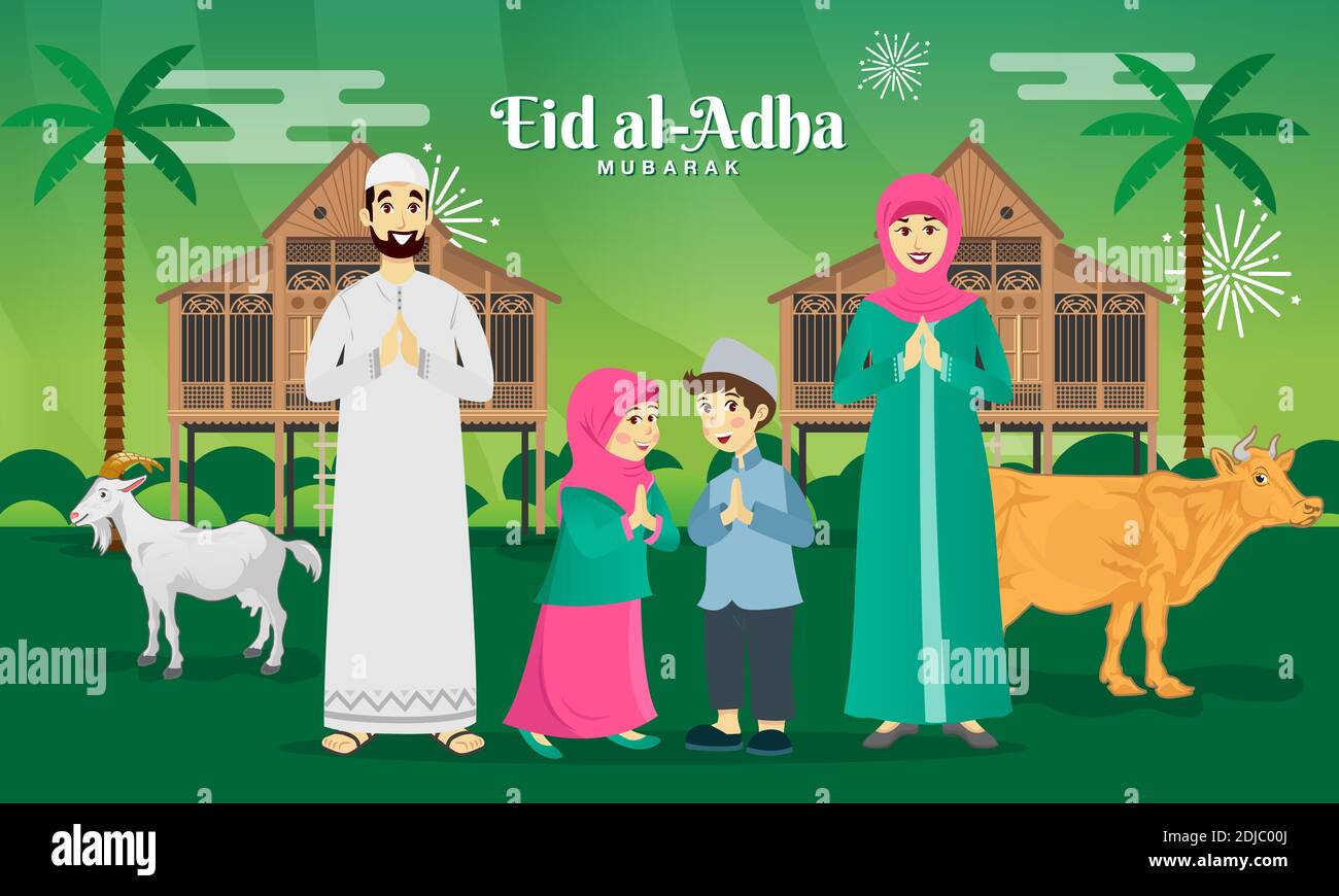 Eid al Adha greeting card. cartoon muslim family celebrating Eid al Adha with goat, cow, and traditional malay village house / Kampung, as background Stock Vector