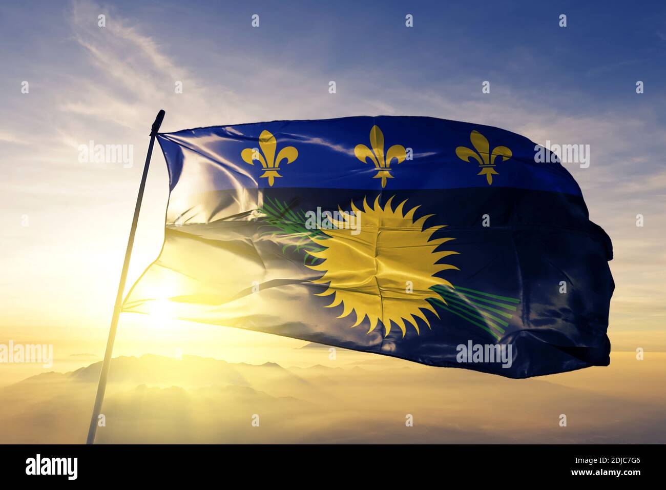 Guadeloupe flag. 3D Waving flag design. The national symbol of Guadeloupe,  3D rendering. National colors and National Caribbean flag of Guadeloupe for  Stock Photo - Alamy