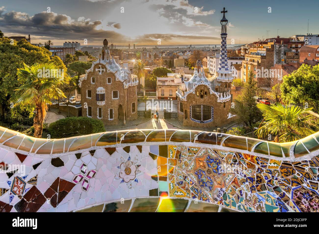 Park Guell and city skyline at sunrise, Barcelona, Catalonia, Spain Stock Photo