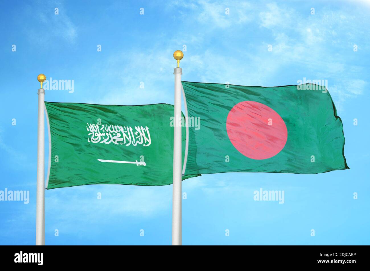 Saudi Arabia and Bangladesh two flags on flagpoles and blue cloudy sky Stock Photo Alamy